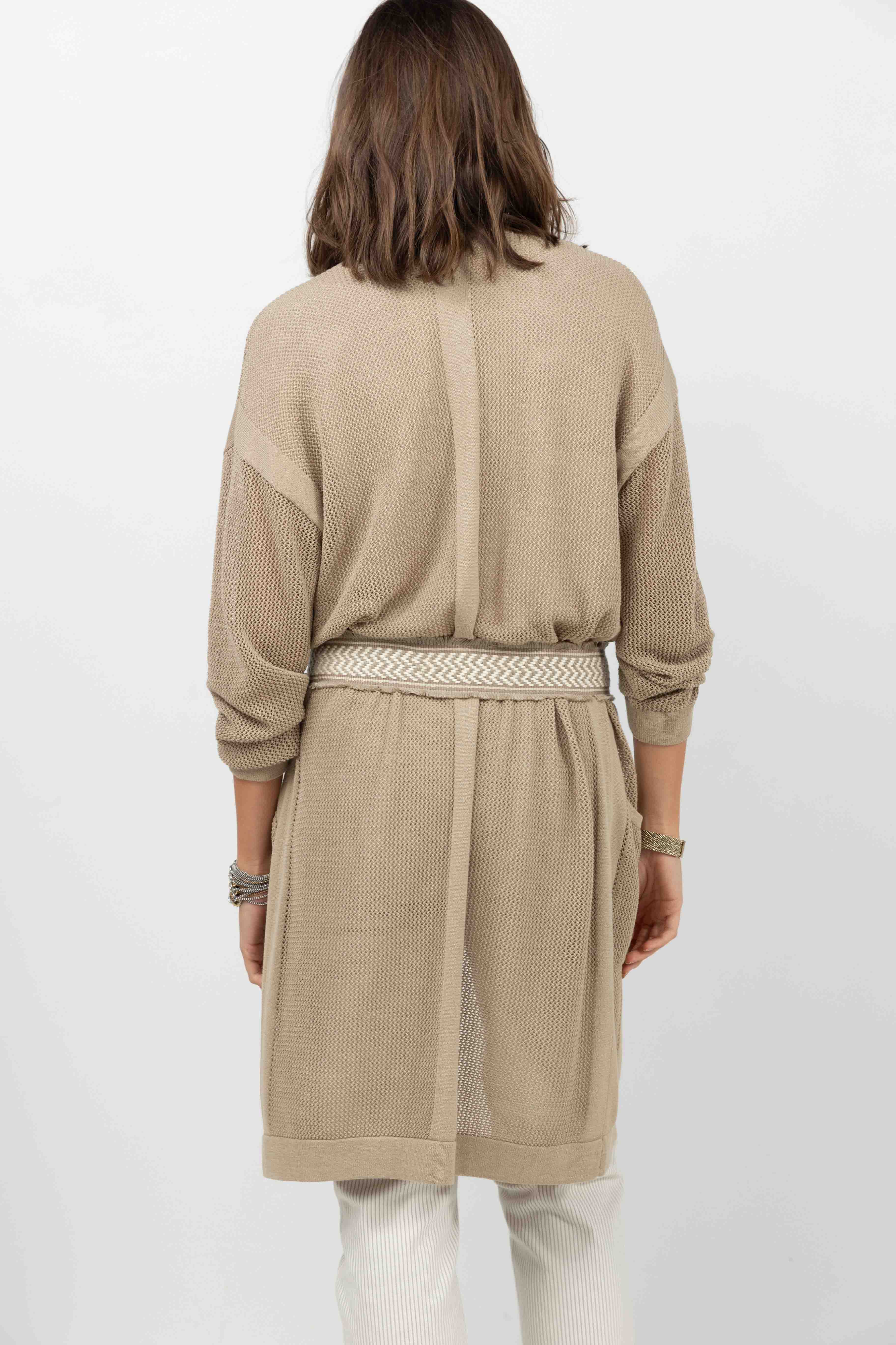 Gilet long taupe maille filet gipsy | Elora