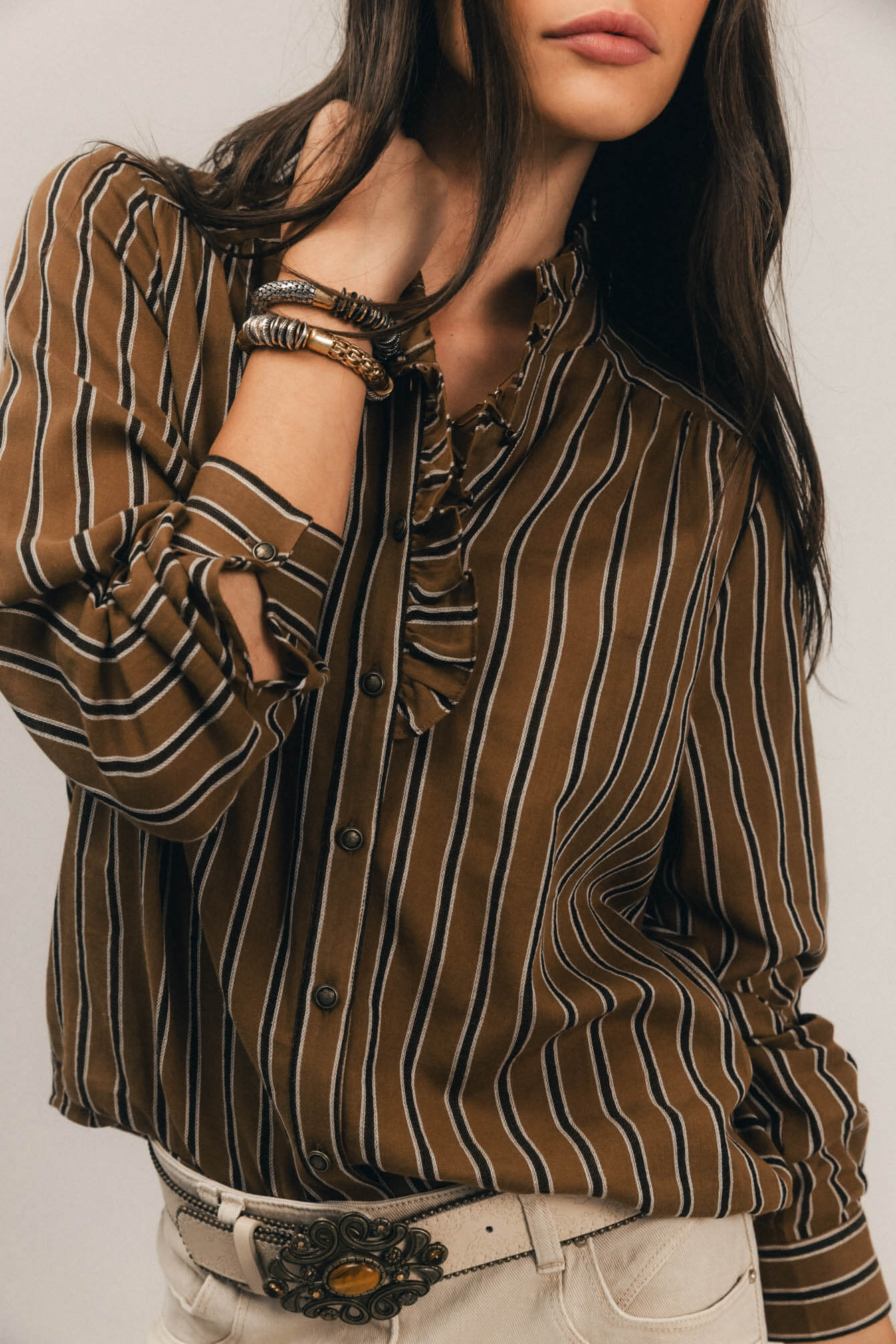 Blouse rayée caramel volantée | Elora
