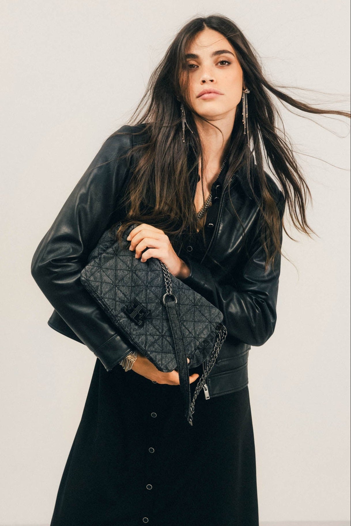 Sac denim noir matelassé rock | Elora