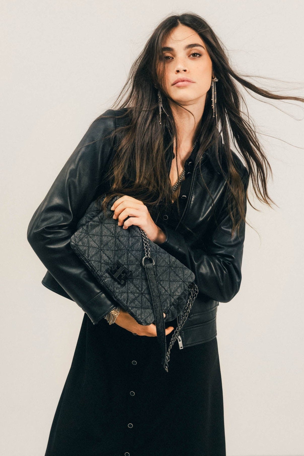 Sac denim noir matelassé rock | Elora