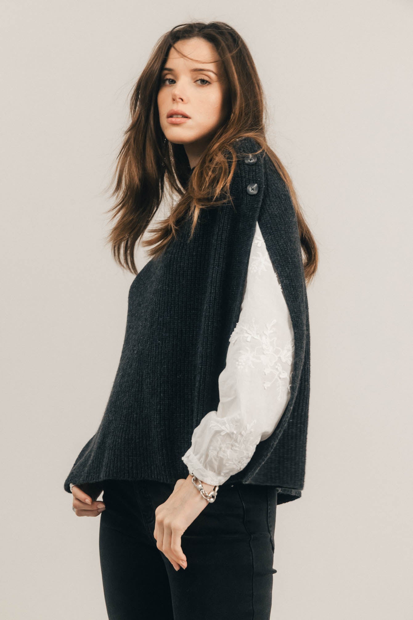 Poncho gris chiné côtelé | Elora
