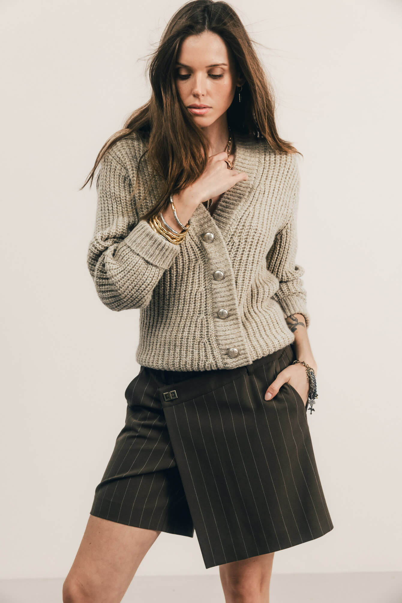 Pull beige cardigan côtelé lurex | Elora
