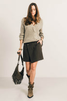 Pull beige cardigan côtelé lurex | Elora