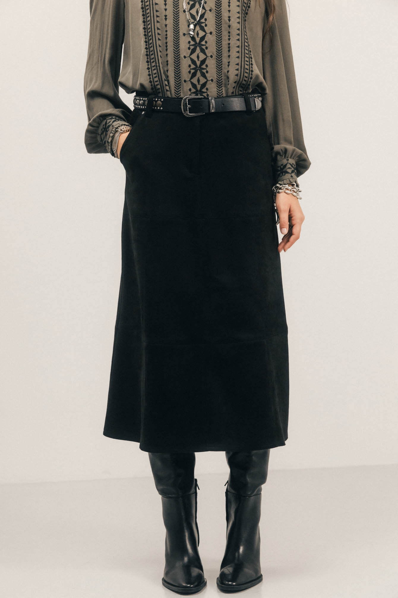 Jupe midi noire suédée western | Elora
