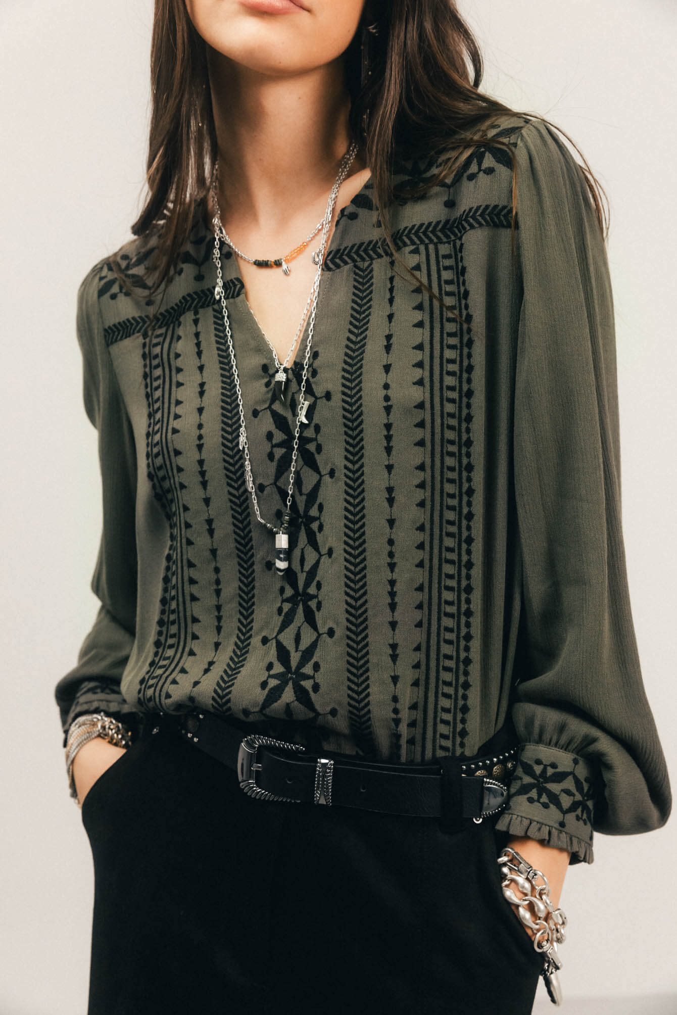 Blouse kaki bohème brodée | Elora