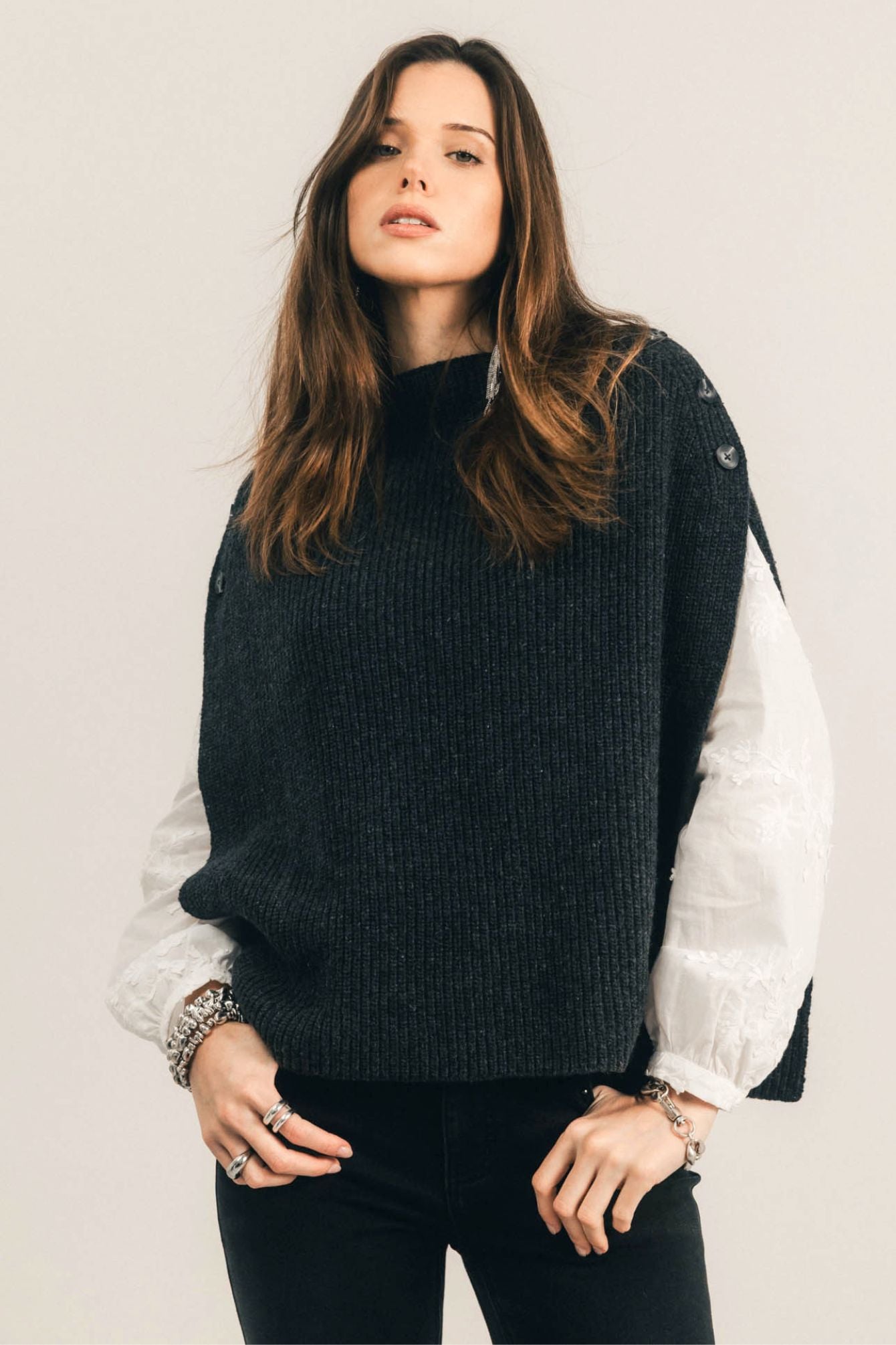 Poncho gris chiné côtelé | Elora