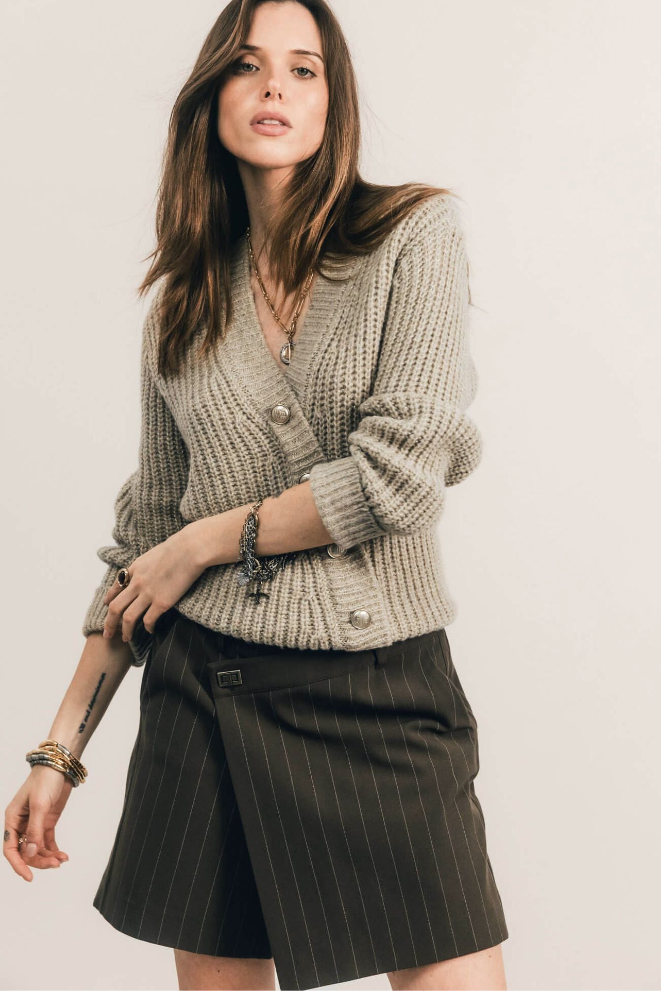 Pull beige cardigan côtelé lurex | Elora