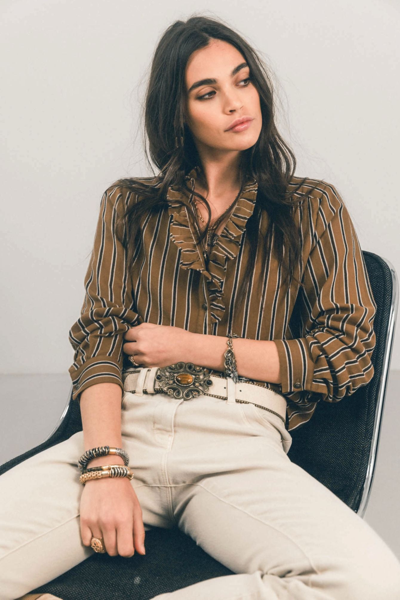 Blouse rayée caramel volantée | Elora