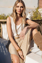 Robe midi rayée beige choco ceinturée | Elora