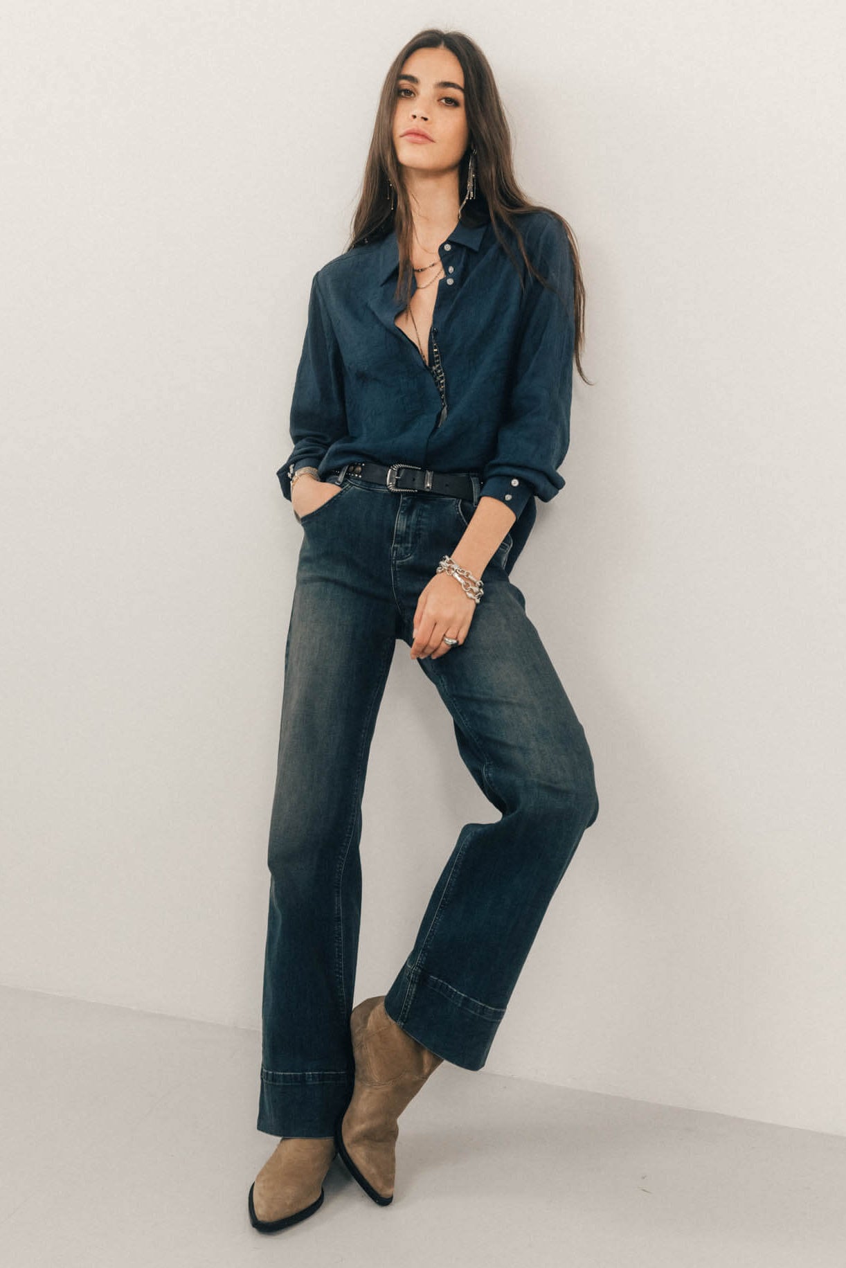 Chemise bleue jacquard satinée chic | Elora