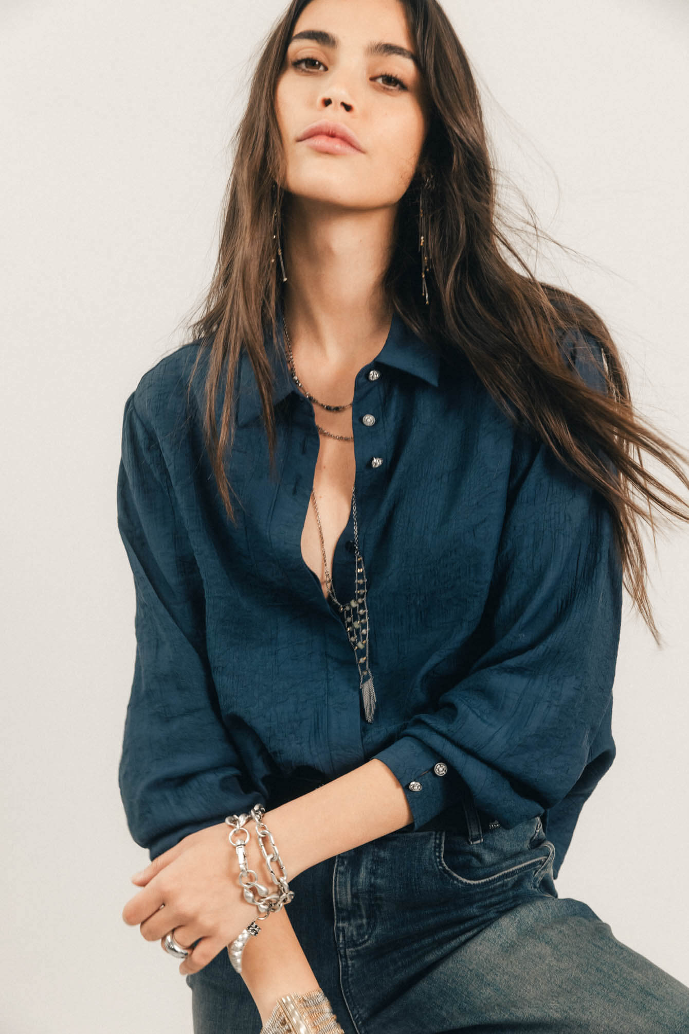 Chemise bleue jacquard satinée chic | Elora