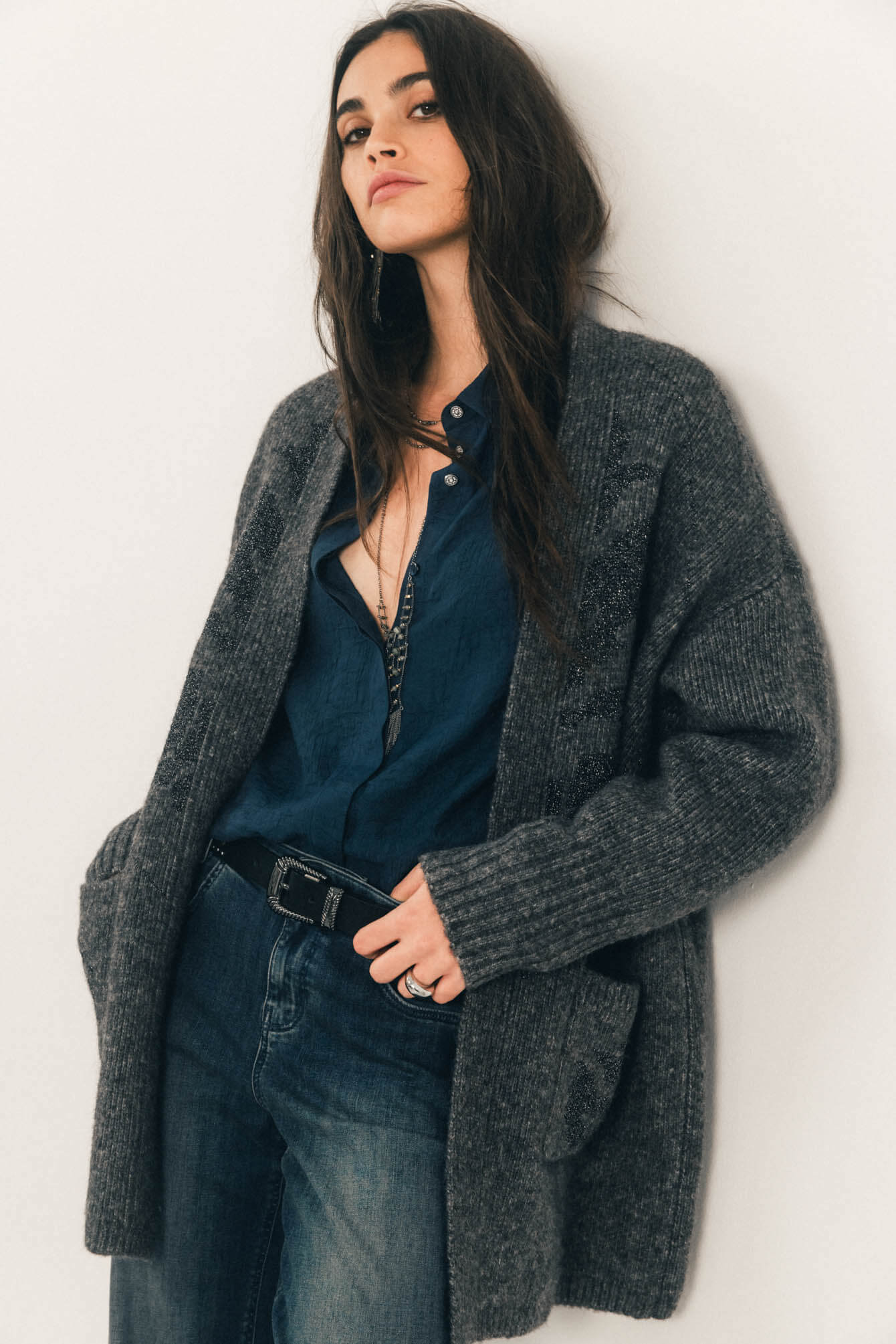 Gilet long gris chiné jacquard lurex | Elora