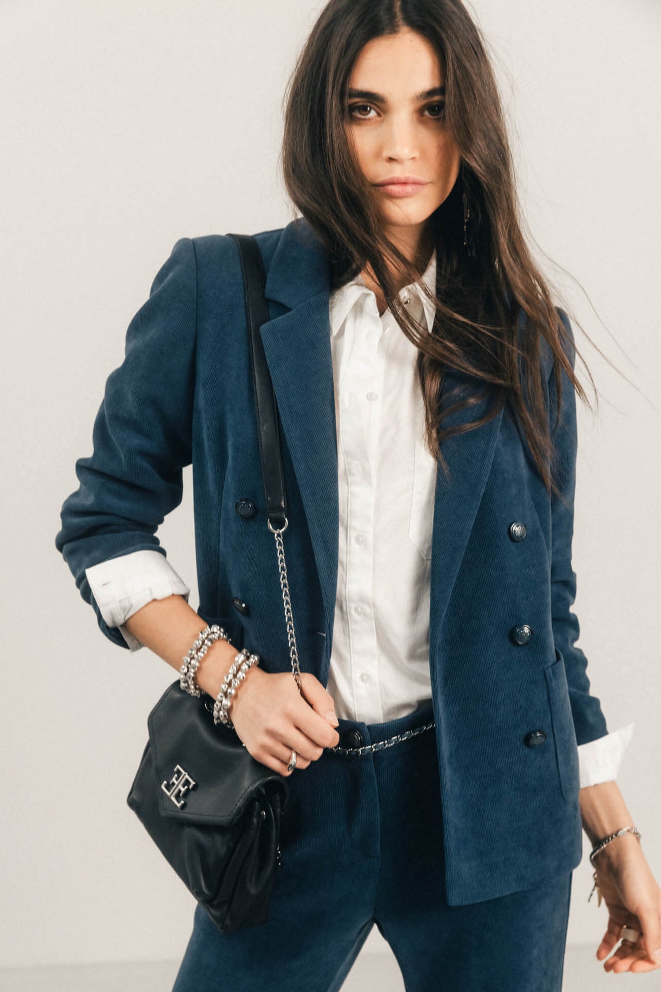 Veste bleue velours double boutonnage | Elora