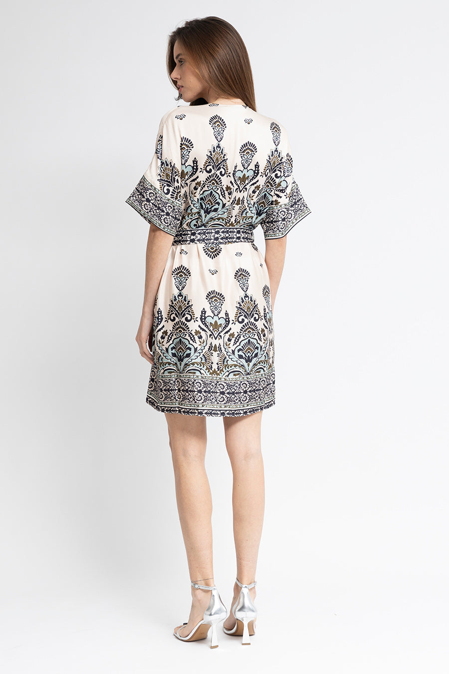 Robe kimono imprimé écru kaki et bleu | Elora