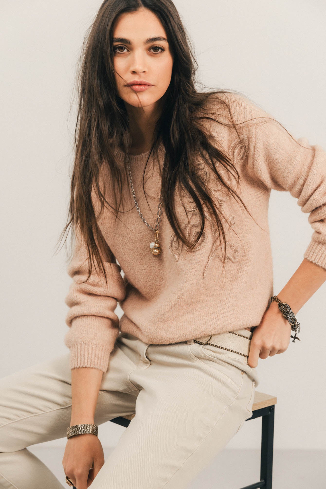 Pull rose brodé floral lurex | Elora