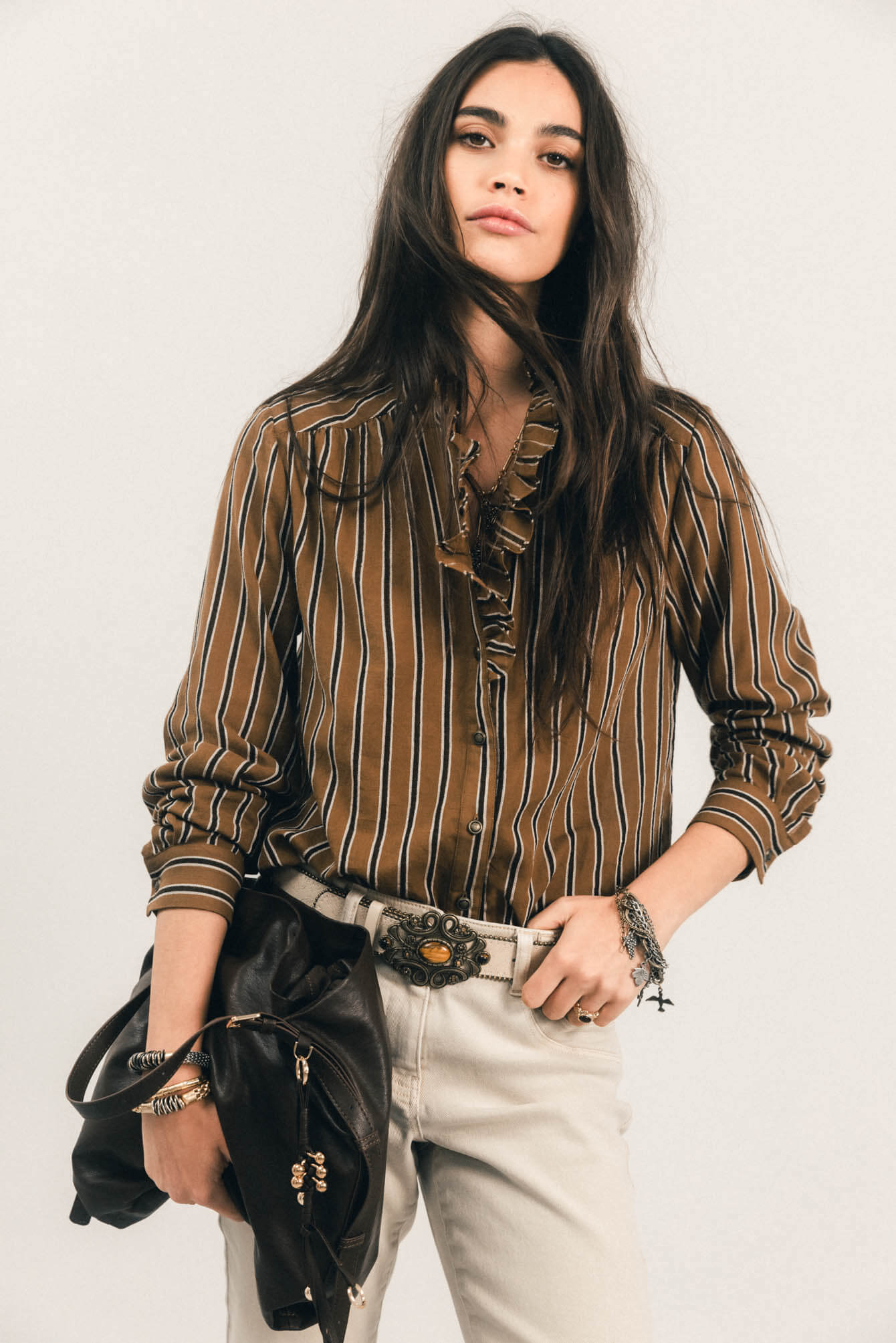 Blouse rayée caramel volantée | Elora