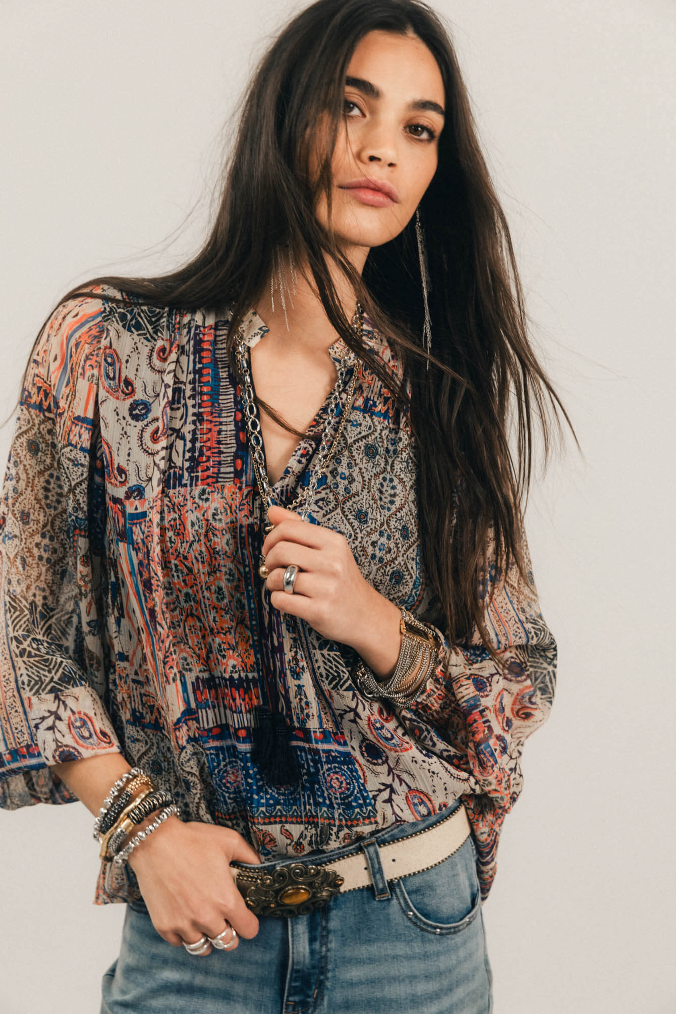 Blouse imprimée bleue patchwork bohème | Elora