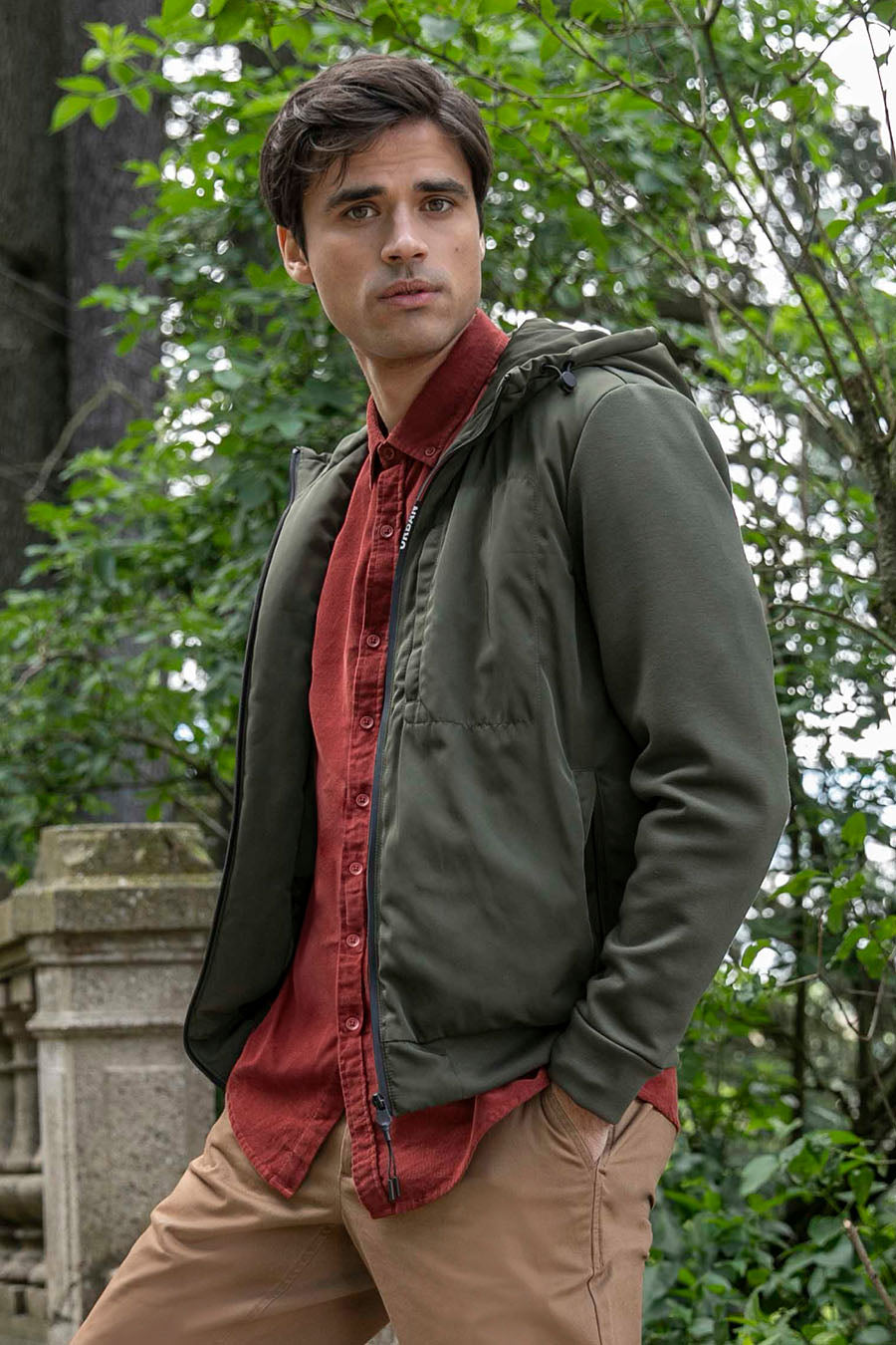 Blouson à capuche bi matières kaki | Elora