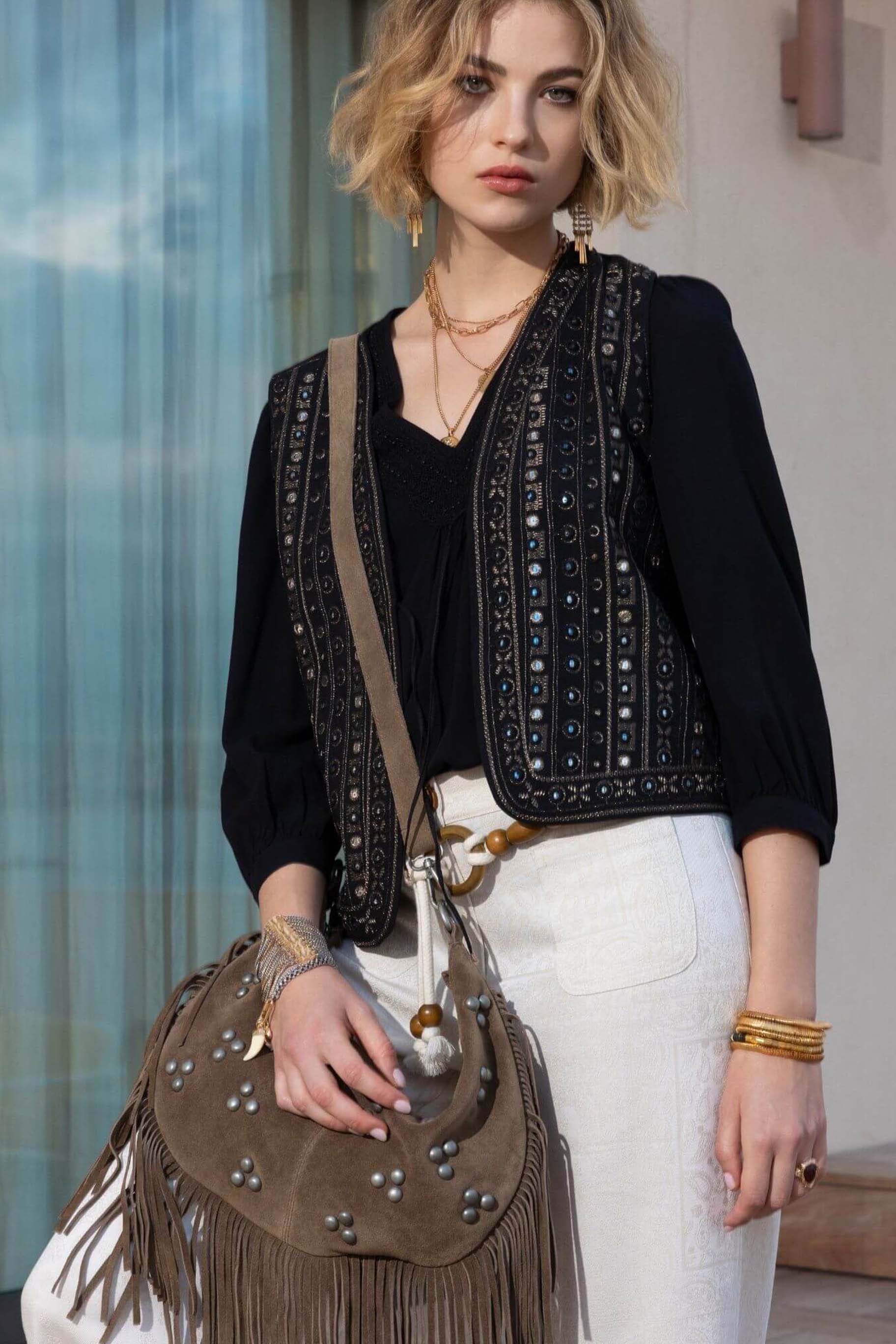 Gilet noir sequins esprit gypsy chic | Elora