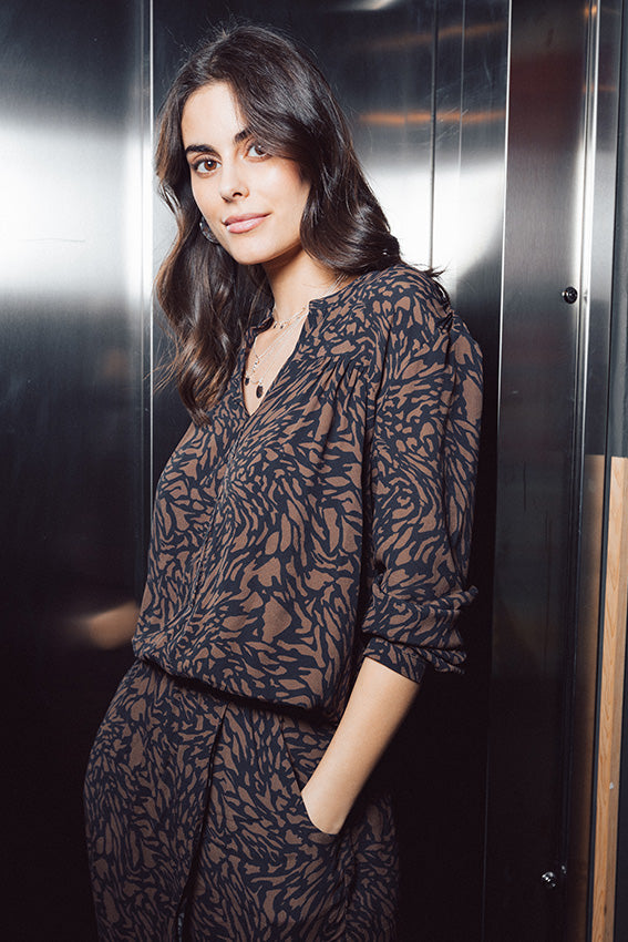 Robe longue taille baisse bicolore choco et noir | Elora