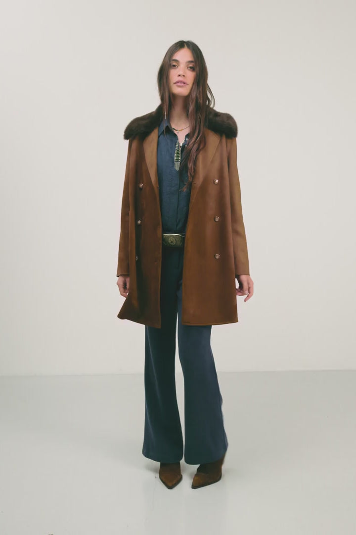 Trench choco suédine col fausse fourrure | Elora