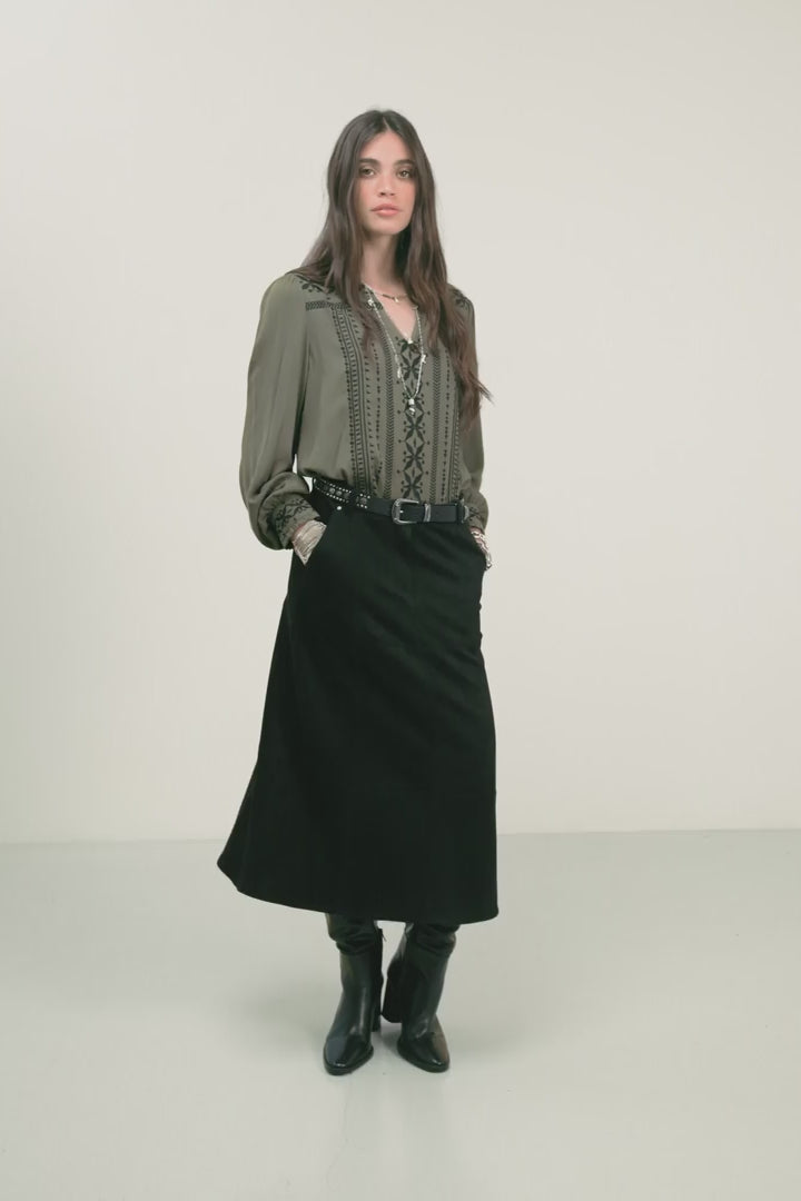 Blouse kaki bohème brodée | Elora