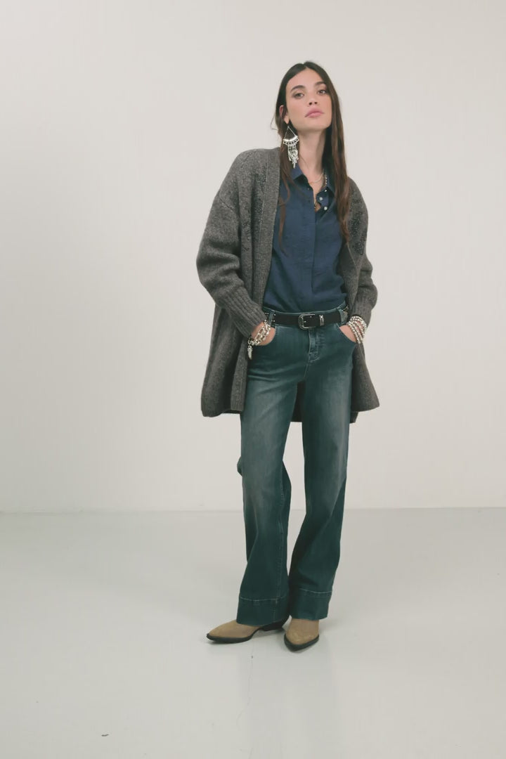 Gilet long gris chiné jacquard lurex | Elora