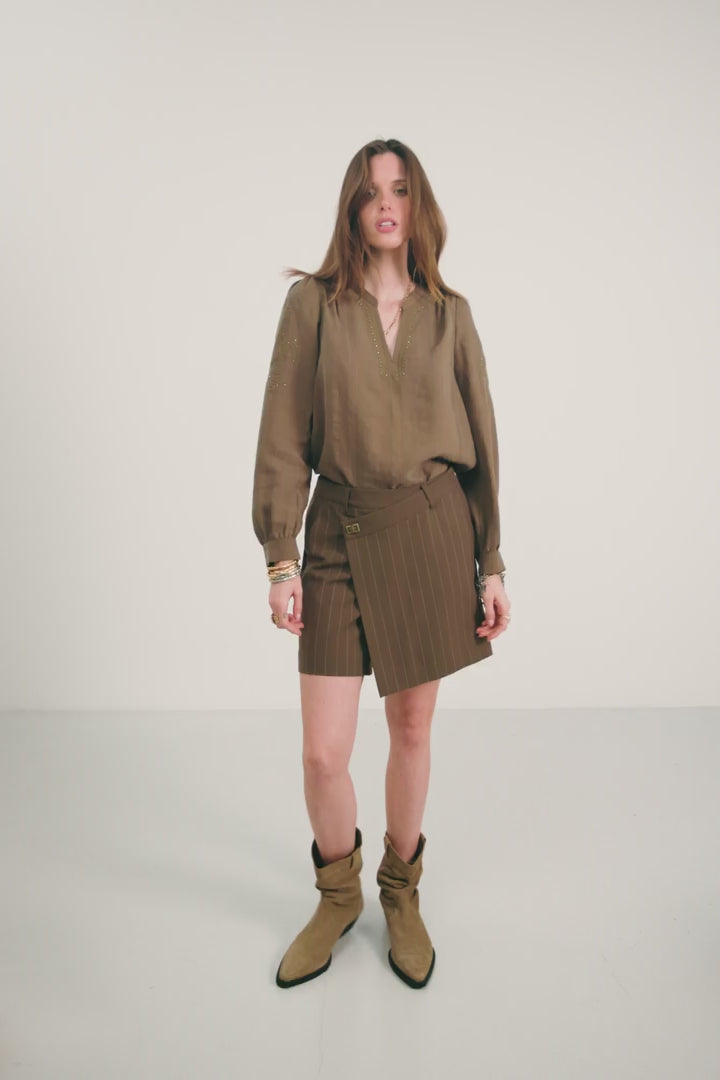Blouse bronze jacquard brodée perlée | Elora