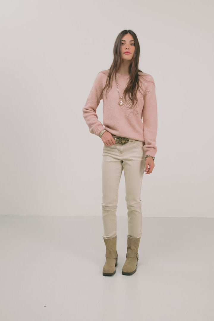 Pull rose brodé floral lurex | Elora