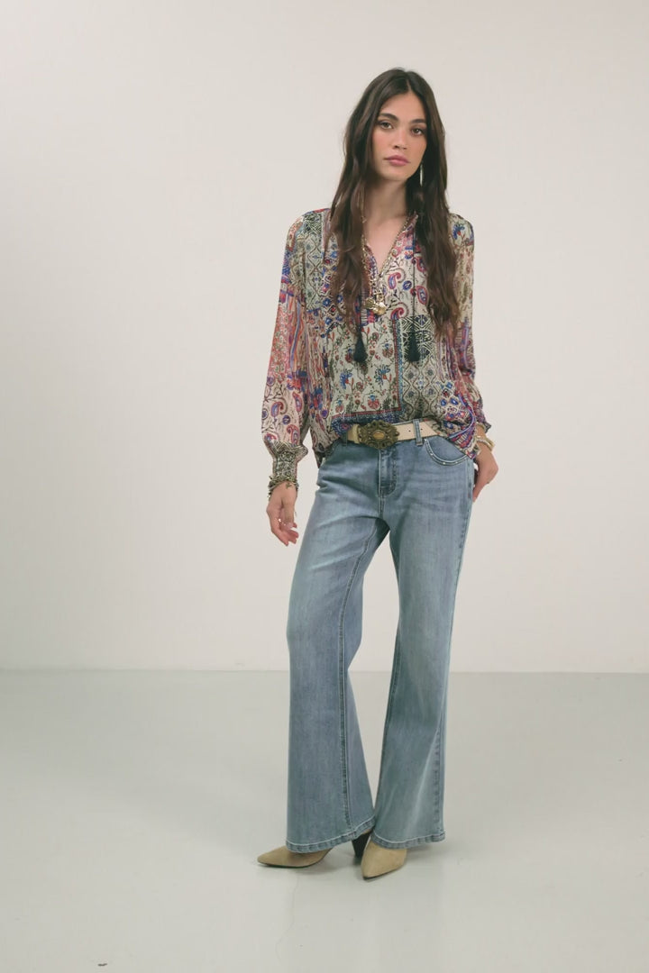 Blouse imprimée bleue patchwork bohème | Elora
