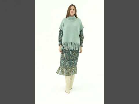 Poncho col roulé frangé vert d'eau | Elora